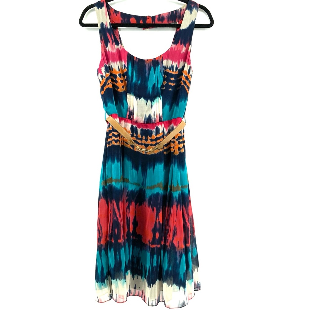 MILLY Colorful Silk Blend Belted Sleeveless Dress